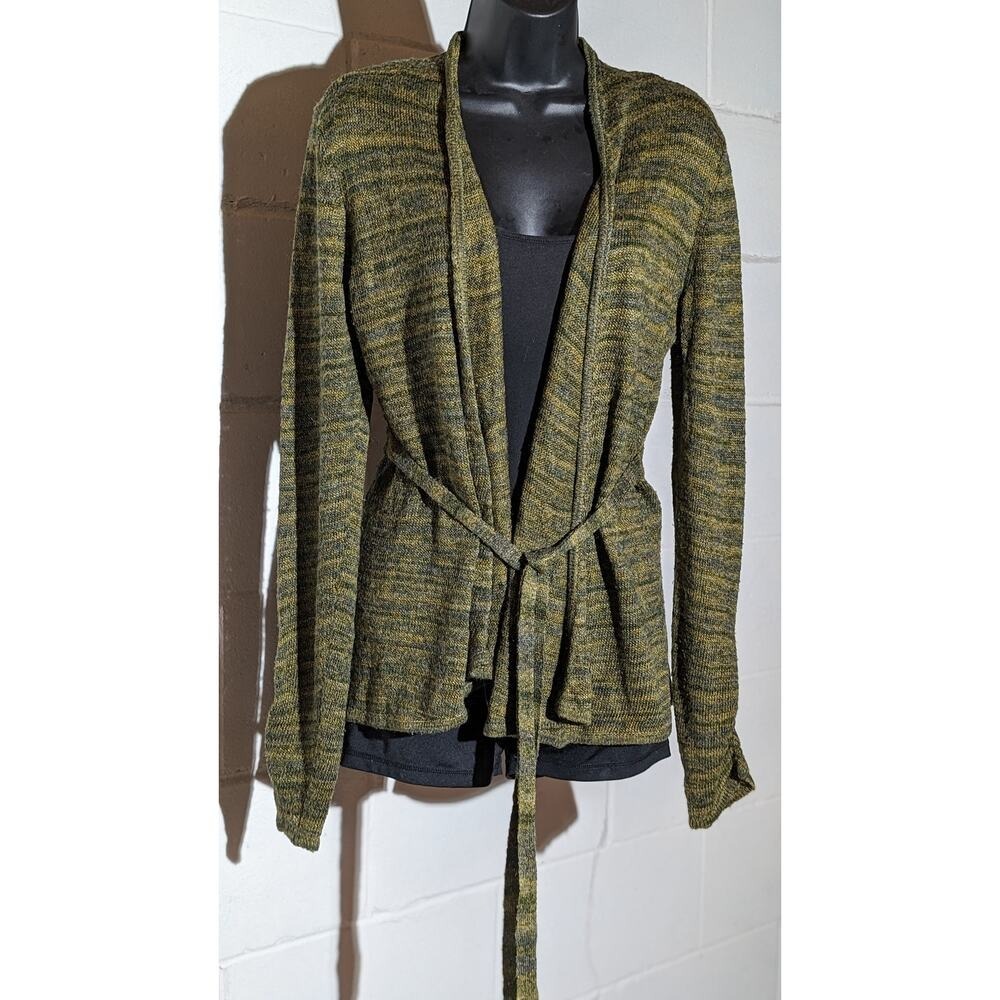 One A Belted Cardigan Sweater Olive Green Gray Knit Open Front Medium